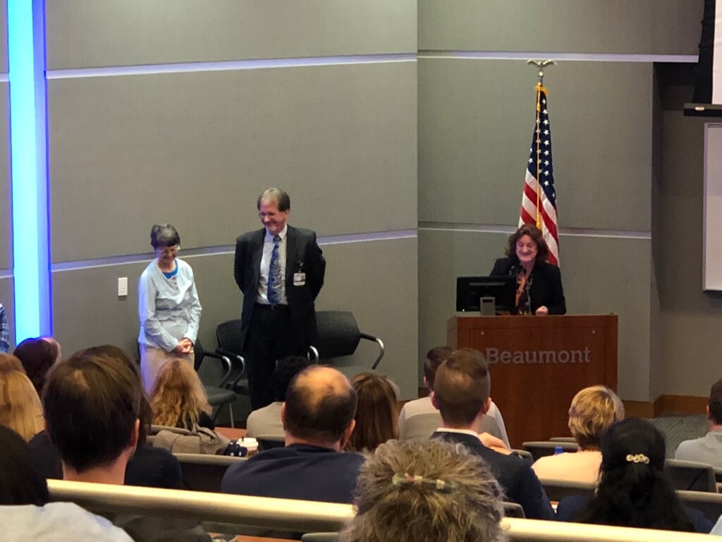 Beaumont Troy President Dr. James Lynch (center) recognizing Poly McIlrath (left) and Joyce Fluegge for their hard work organizing and directing the Cane and Able Stroke Recovery Group for over 37 years